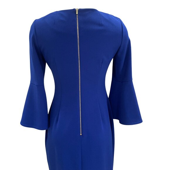 Calvin Klein Blue Bell Sleeve Sheath Dress Size 6 Stretch Midi Work Party - Picture 10 of 11